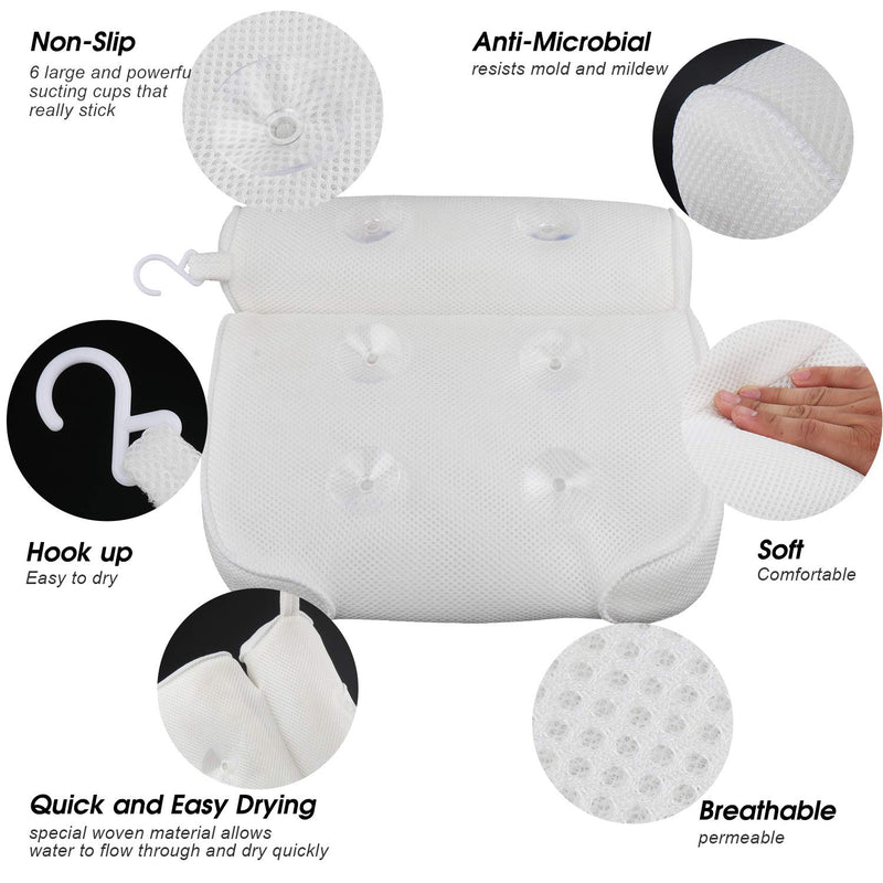 [Australia] - YQN Bath Pillow, Bathtub Spa Pillow with 4D Air Mesh Technology and 6 Suction Cups, Helps Support Head, Back, Shoulder and Neck, Fits All Bathtub, Hot Tub, Jacuzzi and Home Spa White 