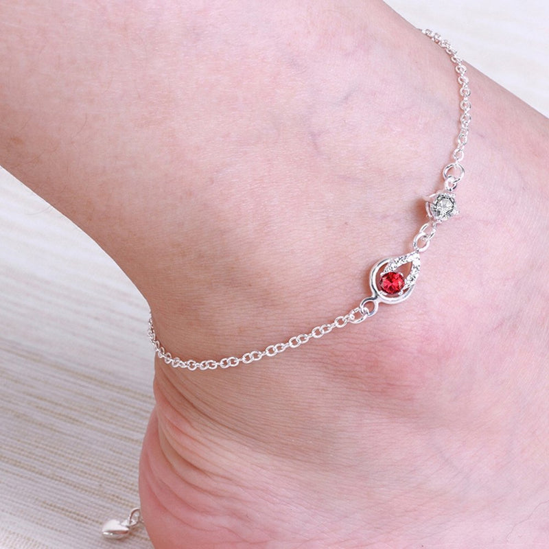 [Australia] - Huangiao Women's 925 Silver Chain Personality Pierced Water Droplets Anklet Foot Bracelet Sandals Beach Feet Diamond Anklet Red 