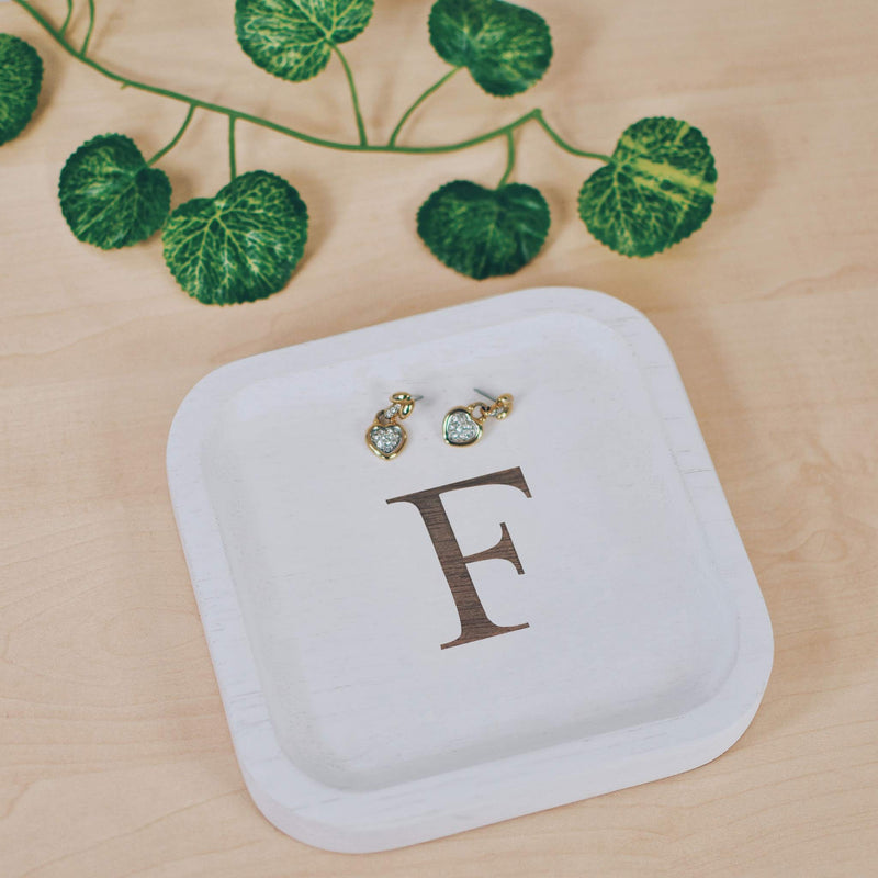 [Australia] - Solid Wood Personalized Initial Letter Jewelry Display Tray Decorative Trinket Dish Gifts For Rings Earrings Necklaces Bracelet Watch Holder (6"x6" Sq White "F") 6"x6" Sq White "F" 