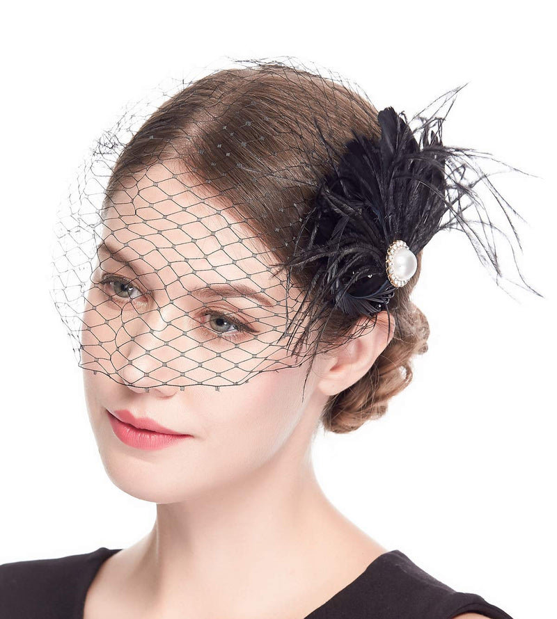 [Australia] - Fascinator Hat Veil Feather Fascinator Hair Clip Tea Party Derby Hat Birdcage Veil Bridal Wedding Veil Black 