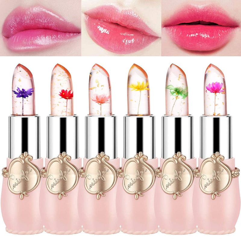 [Australia] - Pack of 6 Crystal Flower Jelly Lipstick, FirstFly Long Lasting Nutritious Lip Balm Lips Moisturizer Magic Temperature Color Change Lip Gloss (Pink) Pink 