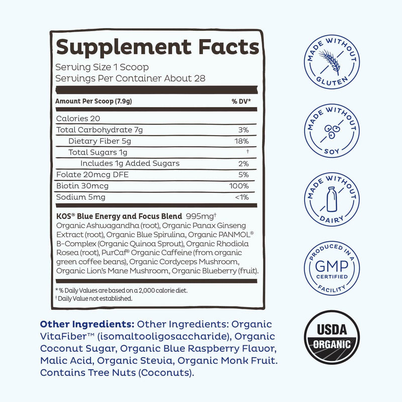[Australia] - KOS Natural Pre Workout Powder - Blue Raspberry Flavored Blue Spirulina Blend - 70 mg Organic Caffeine, Ginseng, Cordyceps Electric Boostberry 