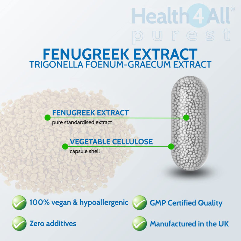 [Australia] - Fenugreek Seed Extract 500mg 90 Capsules (V) High Strength 50% Saponins. Purest: no additives, Gluten-Free, Vegan Supplement. Made in The UK by Health4All 90 Count (Pack of 1) 