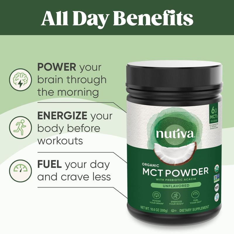[Australia] - Nutiva Organic MCT Powder with Prebiotic Acacia Fiber, Classic, 10.6 Oz, USDA Organic, Non-GMO, Non-BPA, Vegan, Gluten-Free, Keto & Paleo, Instant Beverage or Boost to Coffee & Smoothies Unflavored 10.6 Ounce (Pack of 1) 