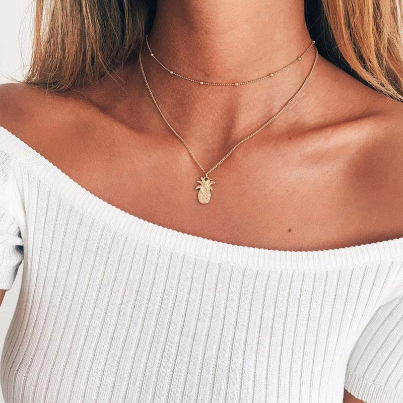 [Australia] - JczR.Y Cute Pineapple Necklace Pendant Bohemian Double-Layer Beads Clavicle Chain Necklace Choker for Women Girls Fashion Fruit Jewelry Gold 