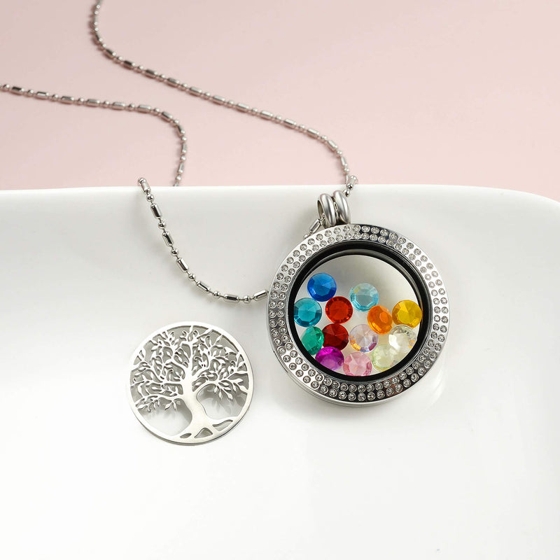 [Australia] - AZNECK Tree of Life Floating Charm Living Memory Lockets Pendant Necklace Stainless Steel Toughened Glass Gifts for Mom Family sp-01 