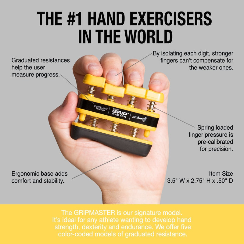 [Australia] - PROHANDS Gripmaster Hand Exerciser, Finger Exerciser (Hand Grip Strengthener), Spring-Loaded, Finger-Piston System, Isolate & Exercise Each Finger 3 lb (X-Light Tension) Yellow - Gripmaster 