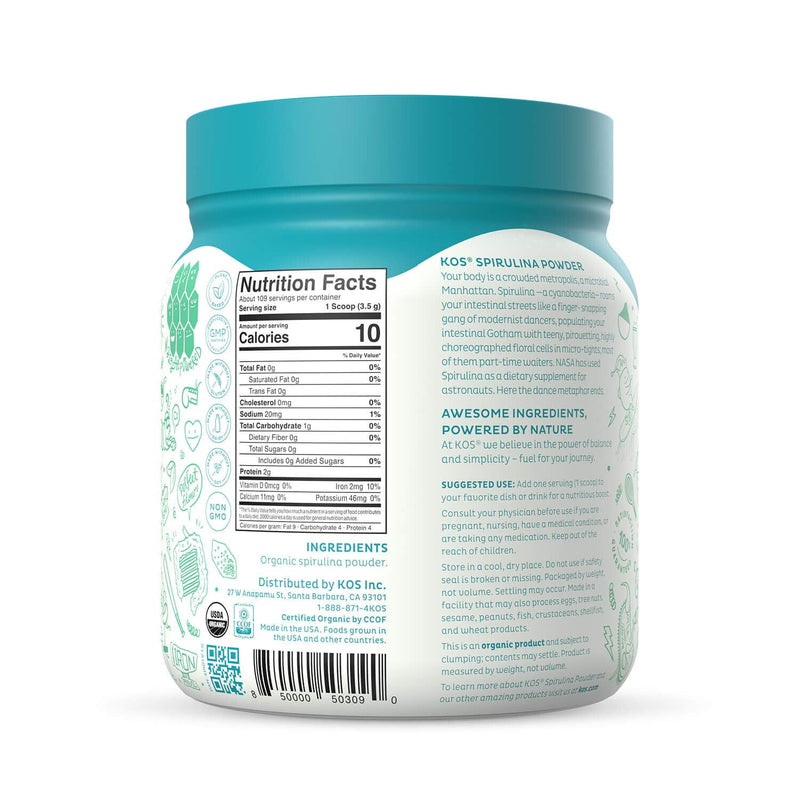 [Australia] - KOS Organic Spirulina Powder - Pure, Non-Irradiated Green Blue Spirulina - Rich in Protein, Vitamins, Antioxidants, Fiber - Green Superfood Powder, 13.5oz, 109 Servings 