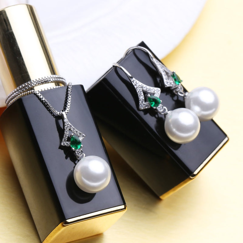 [Australia] - LSOOYH Platinum Plated Elegant Austrian Green Crystal Pearl CZ Necklace and Earrings Jewelry Set for Women Gift White 