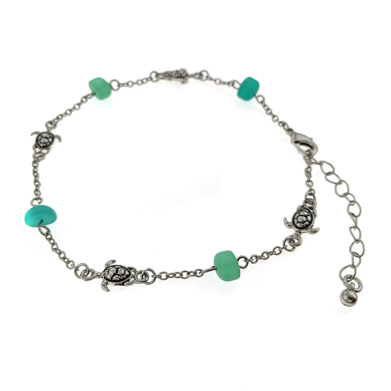 [Australia] - Elosee Sea Glass Bead Sealife Link Anklet Turtle - Rhodium Plated 