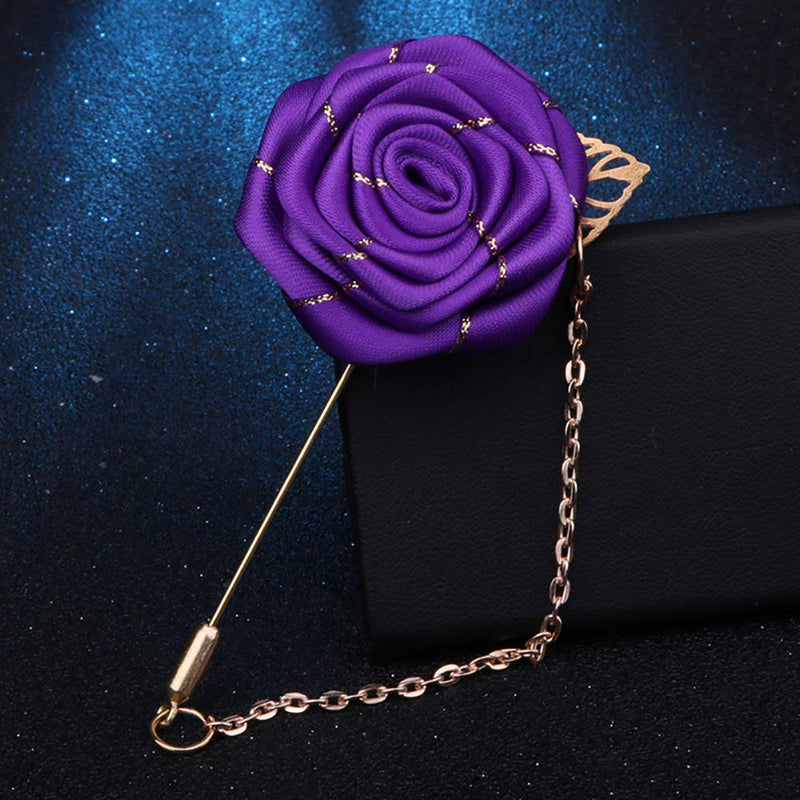 [Australia] - YOOE Men Cloth Rose Flower with Gold Leaf Brooch. Red Blue Rose Floral Lapel Stick Handmade Boutonniere Pins for Suit,Lapel Pin Wedding Brooch Purple 