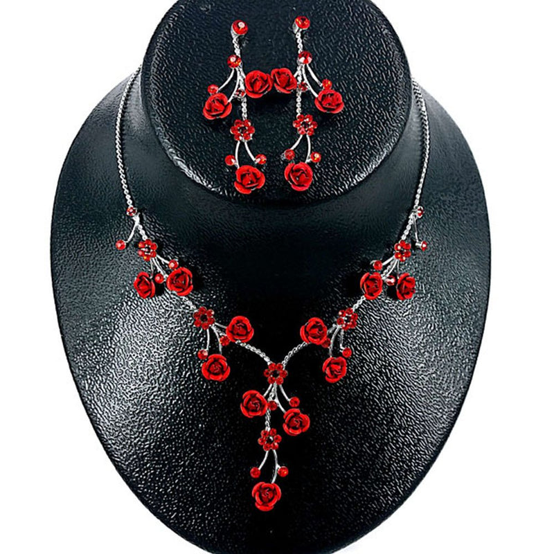 [Australia] - Faceted Metal Rose & Crystal Rhinestone Necklace & Earring Set for Bridal, Prom Red 