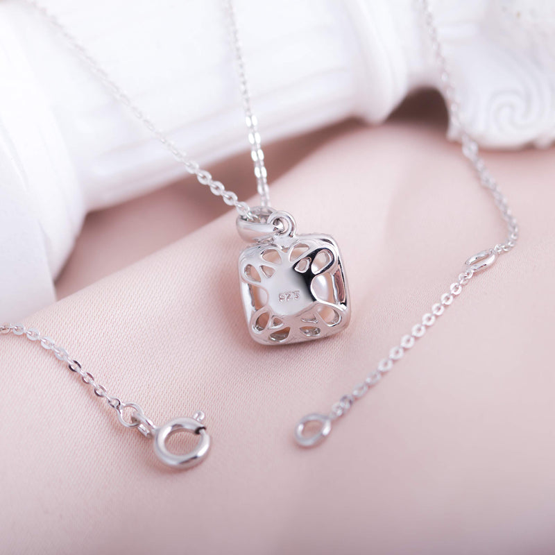 [Australia] - MOLAH 925 Silver 8-8.5mm Cultured Freshwater Pearl and Simulated Diamond CZ Square Geometric Pendant Necklace Rhodium Plated 