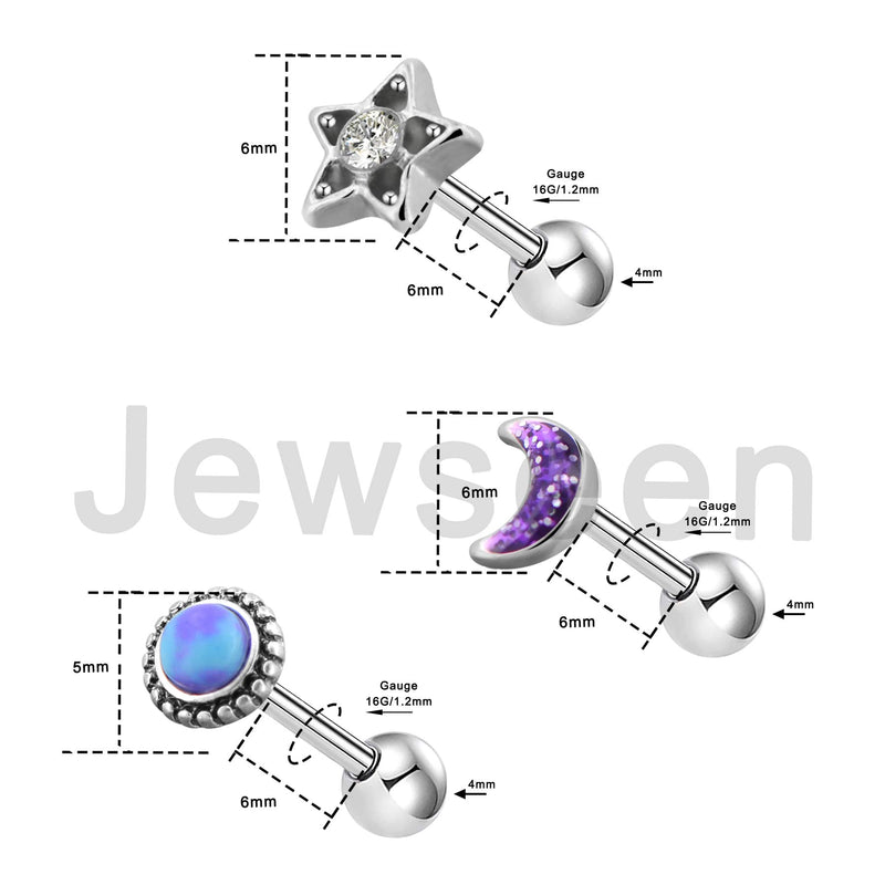 [Australia] - Jewseen Cartilage Earrings 16g Tragus Earring 3Pcs Helix Earrings Moon Star Conch Earrings Body Piercing Jewelry 