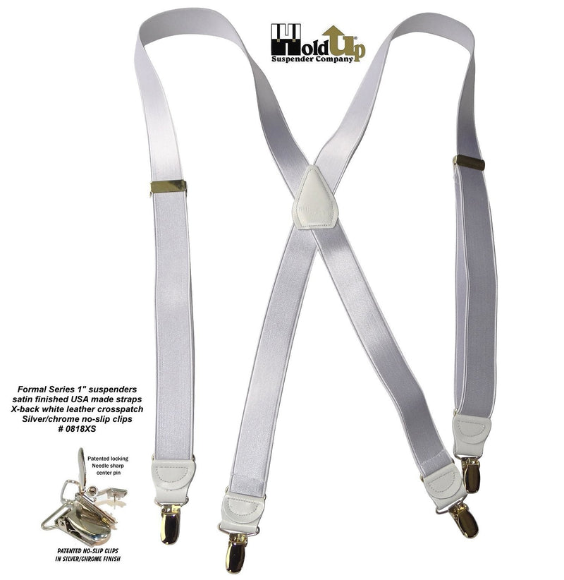 [Australia] - Holdup Brand X-back 1" wide Satin Finish White Suspenders with No-slip Silver Clips 