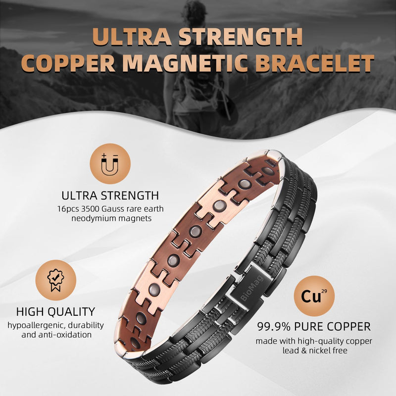 [Australia] - BioMag Copper Bracelet for Men Magnetic Bracelet,Copper Wristband with Ultra Strength Magnets,8.6inches Adjustable with Tools Copper Black 