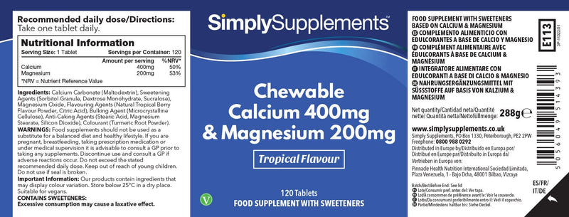 [Australia] - Chewable Calcium & Magnesium Tablets (120 Tablets) | Delicious Tropical Flavour | Vegan & Vegetarian Friendly | Crucial Nutrients for Bones & Muscles | Optimal 2:1 Ratio 