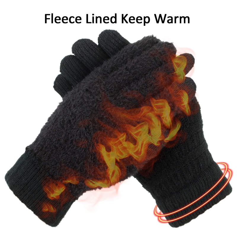 [Australia] - Womens Winter Touchscreen Gloves Cable Knit Warm Lined 3 Fingers Dual-layer Touch Screen Texting Mitten Glove for Women Black 1 