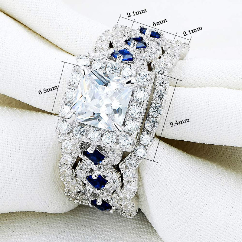 [Australia] - Newshe Engagement Wedding Ring Set 925 Sterling Silver 3pcs 2.5ct Princess White Cz Blue Size 5-10 
