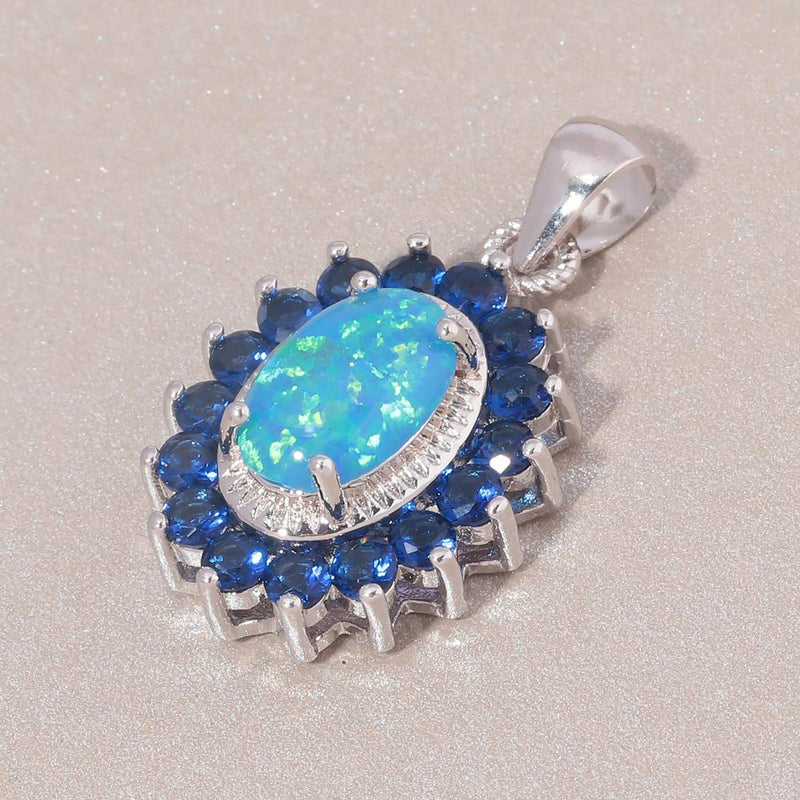 [Australia] - CiNily 14K White Gold Plated Opal Pendant Necklace-Flower/Oval Shap Necklace Gemstone Women Girls Jewelry Gift flower-sapphire 