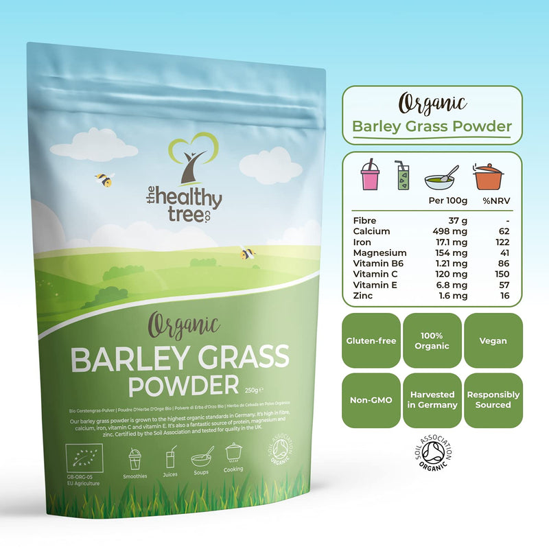 [Australia] - Organic Barley Grass Powder by TheHealthyTree Company - High in Calcium, Fibre, Iron and Vitamin C - Gluten Free Pure Vegan Barleygrass from Germany (250g) 250 g (Pack of 1) 