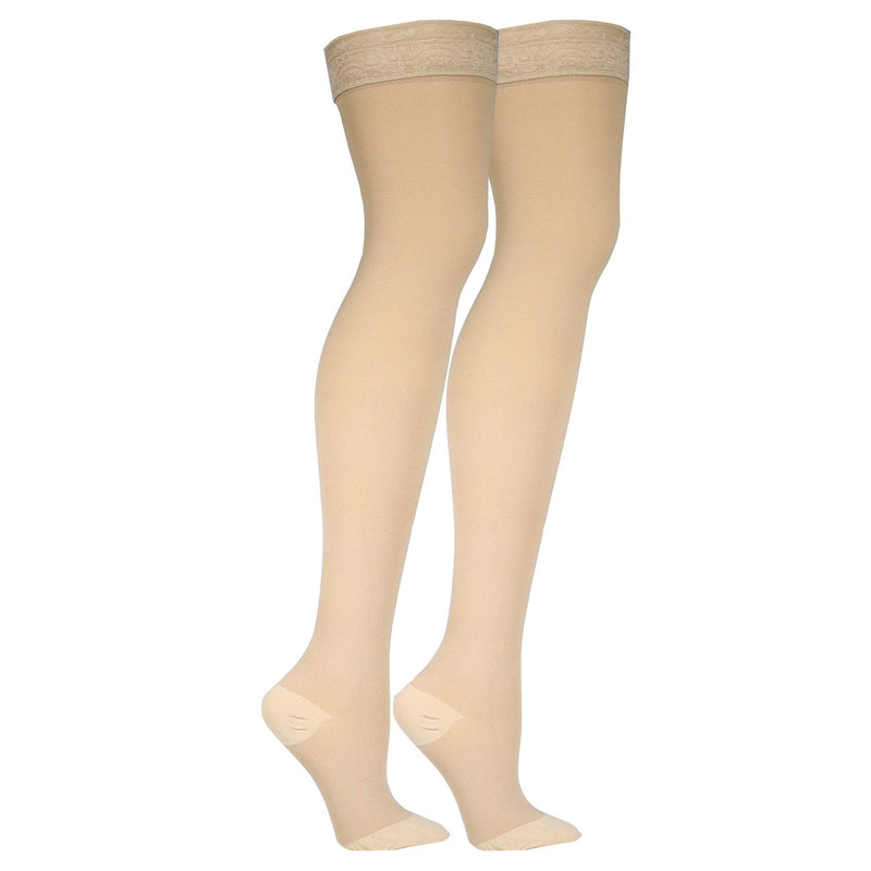 [Australia] - Truform 20-30 mmHg Compression Stockings for Women, Lace Trim Band, Thigh High Length, Closed Toe, Beige, Medium 