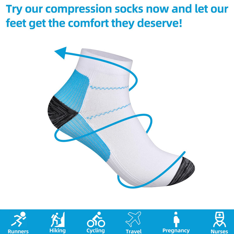 [Australia] - 6 Pairs Compression Socks for Men & Women Plantar Fasciitis Socks Low Cut Sports Socks Athletic Socks S-M 3 Black+3 Blue 