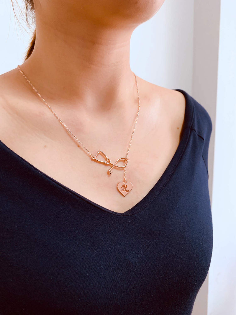 [Australia] - Your Always Charm Rose Gold Stethoscope Alphabet Lariat Y Necklace for Nurse Graduation Gift R 