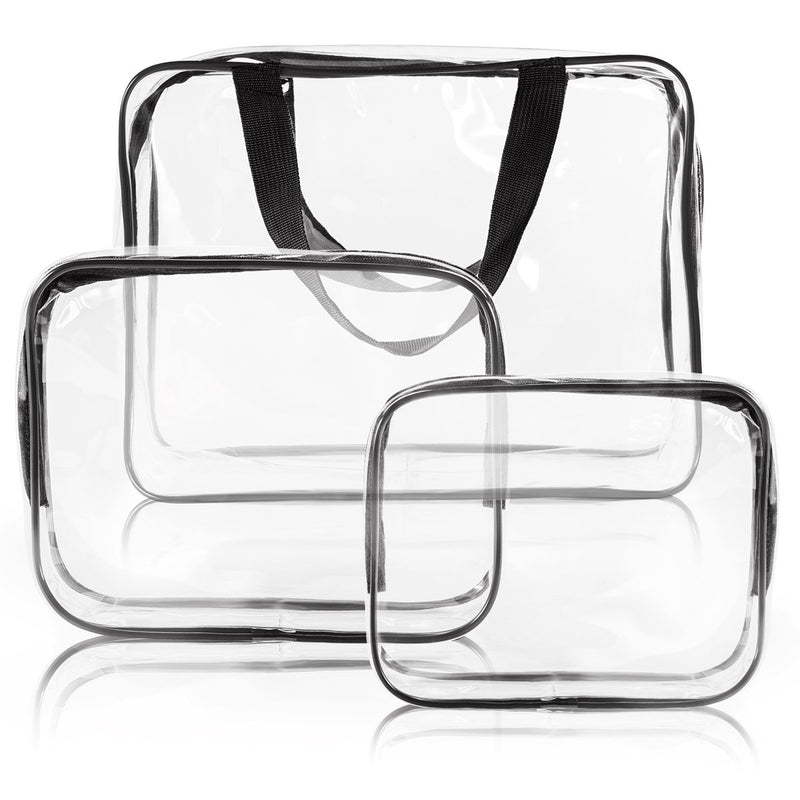 [Australia] - 3Pcs Crystal Clear Cosmetic Bag TSA Air Travel Toiletry Bag Set with Zipper Vinyl PVC Make-up Pouch Handle Straps for Women Men, Roybens Waterproof Packing Organizer Storage Diaper Pencil Bags Black 