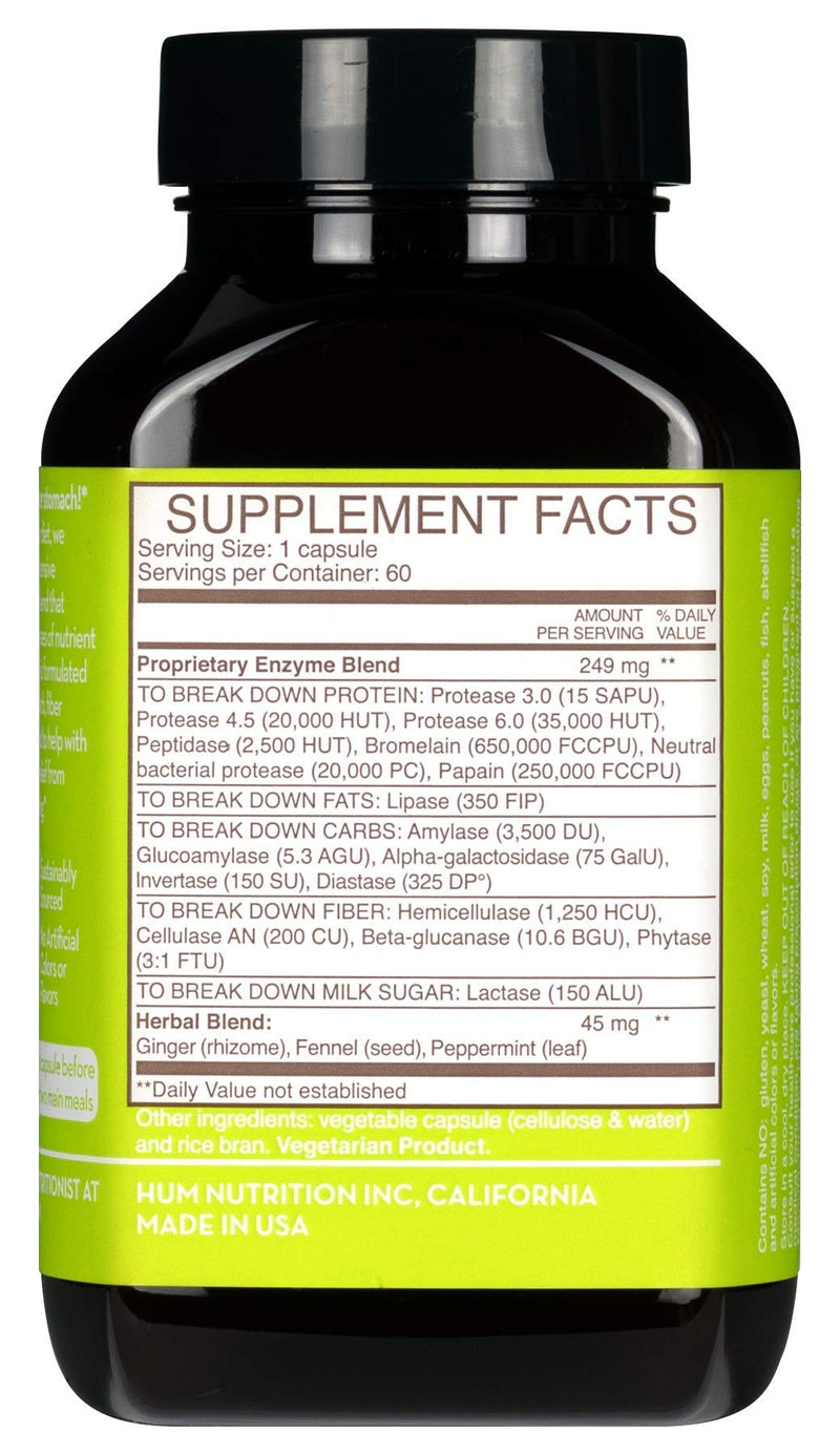 [Australia] - HUM Flatter Me - Digestive Enzymes for Bloated Belly Relief - Ginger, Fennel Seed, Peppermint Capsules for Bloating with 18 Full Spectrum Enzymes to Support Gut Health & Food Breakdown (60 Capsules) 