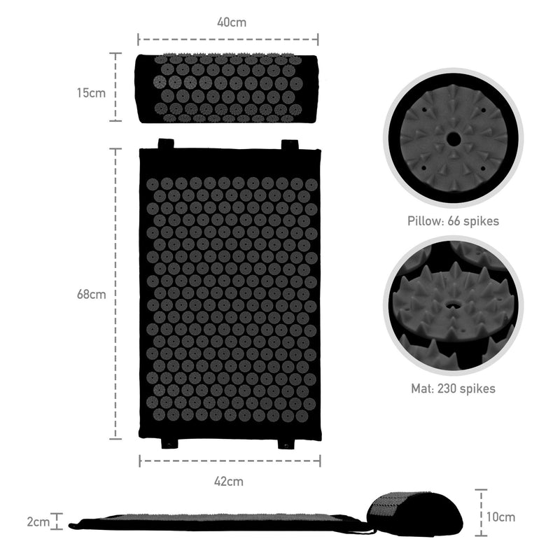 [Australia] - Belmalia Acupressure Set with Neck Cushion for Relaxation + Well-Being | Easy Transport Acupuncture Mat and Pillow Set | Massage Mat with Carrying Handles | Black 