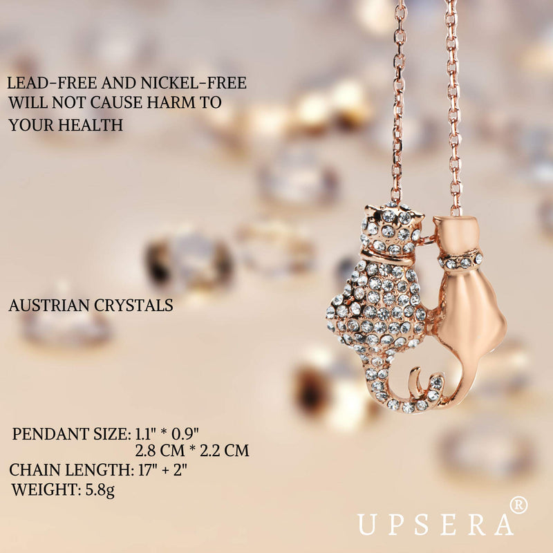 [Australia] - UPSERA Rose Gold Plated Pave Austrian Crystals 2 Kitty Cats Necklace, 17+2" Extender 