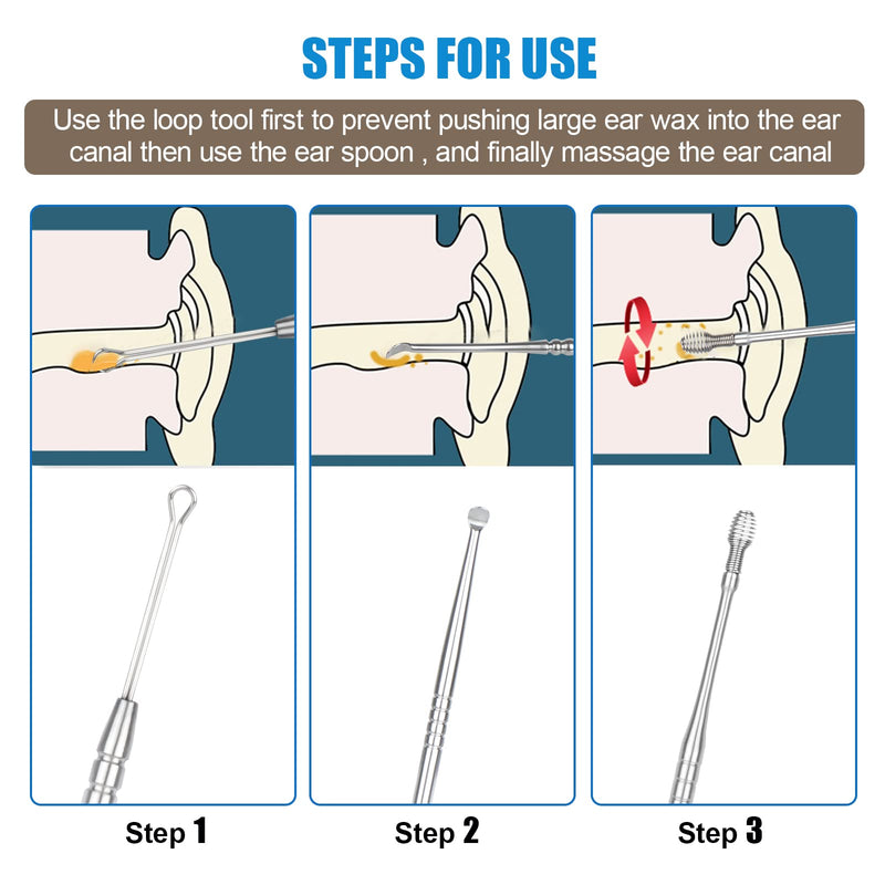 [Australia] - CYSNATU Ear Wax Removal Kit, Ear Pick, Ear Cleaning Tool Set Stainless Steel 6 in 1 Ear Spoon Curette (with Cleaning Brush and Storage Box, Silver) 