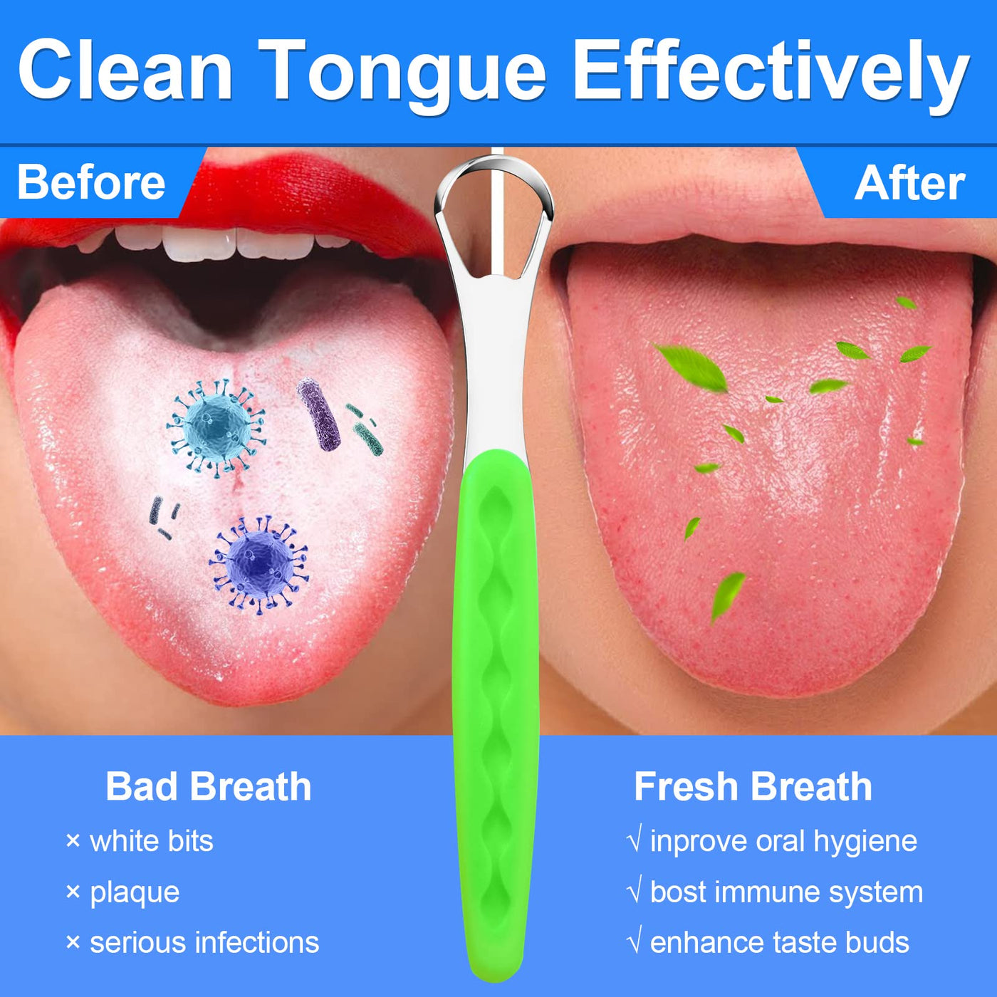 Tongue Brush, Tongue Scraper, Tongue Cleaner Helps Fight Bad Breath, 4  Tongue Scrapers, 4 Pack (Blue&Green&Orange&Red)