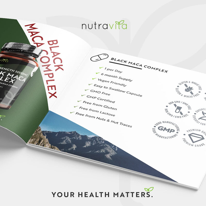 [Australia] - Maca Root Capsules 5000mg (High Strength) – 180 Vegan Black Maca Capsules (6 Month Supply) – Not Tablets – 100% Peruvian Maca – with L-Arginine, Panax Ginseng & Black Pepper – Made in UK by Nutravita 