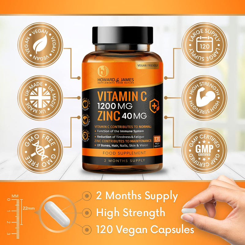 [Australia] - Vitamin C 1200mg and Zinc 40mg per Daily Serving - 120 High Strength Vegan Capsules with Ascorbic Acid - 2 Month Supply - Made in The UK by Howard & James 