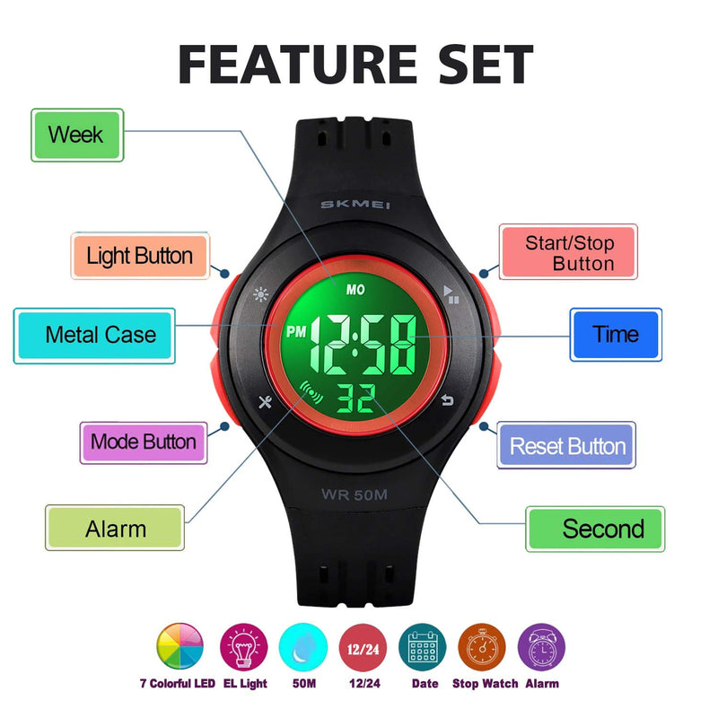 [Australia] - YxiYxi Kids Watch Digital Waterproof for Girls Boys Toddler Cute Sport Outdoor Multifunctional Watches with Luminous Alarm Stopwatch 7 Colorful LED Wrist Watch for 5-10 Year Little Child Black 