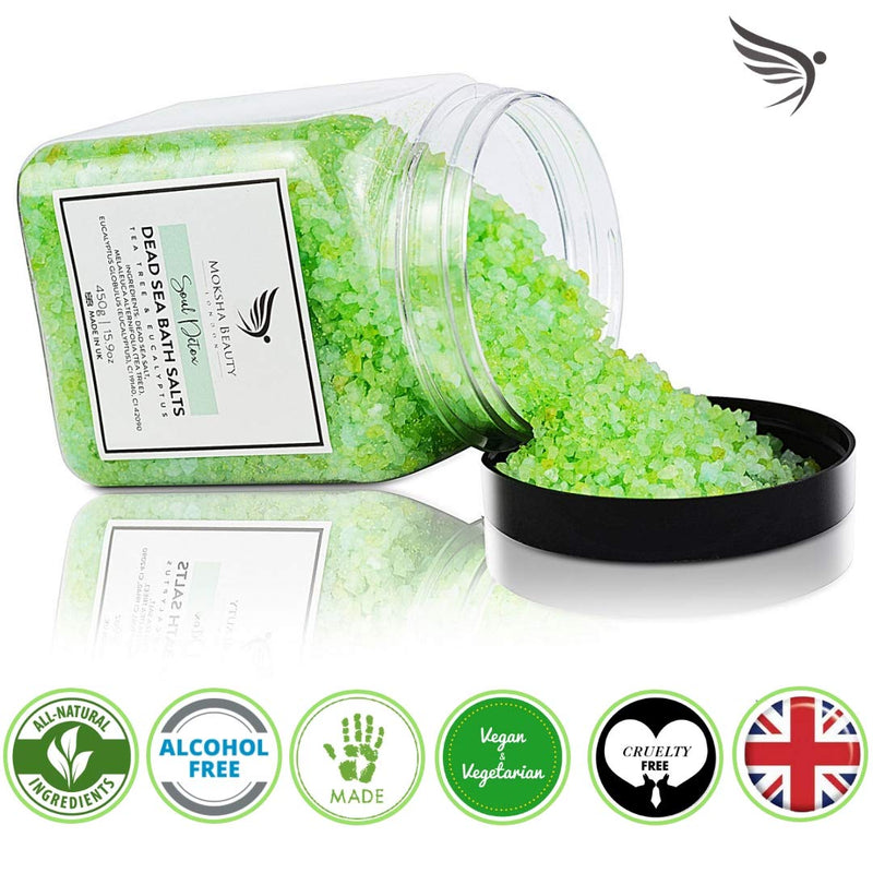 [Australia] - Tea Tree Foot Soak Aromatherapy Bath Salts - Made in UK (450g) Natural Dead Sea Salts for Women, Men, Girls and Kids. Luxury Detox with Tea Tree Essential Oils 