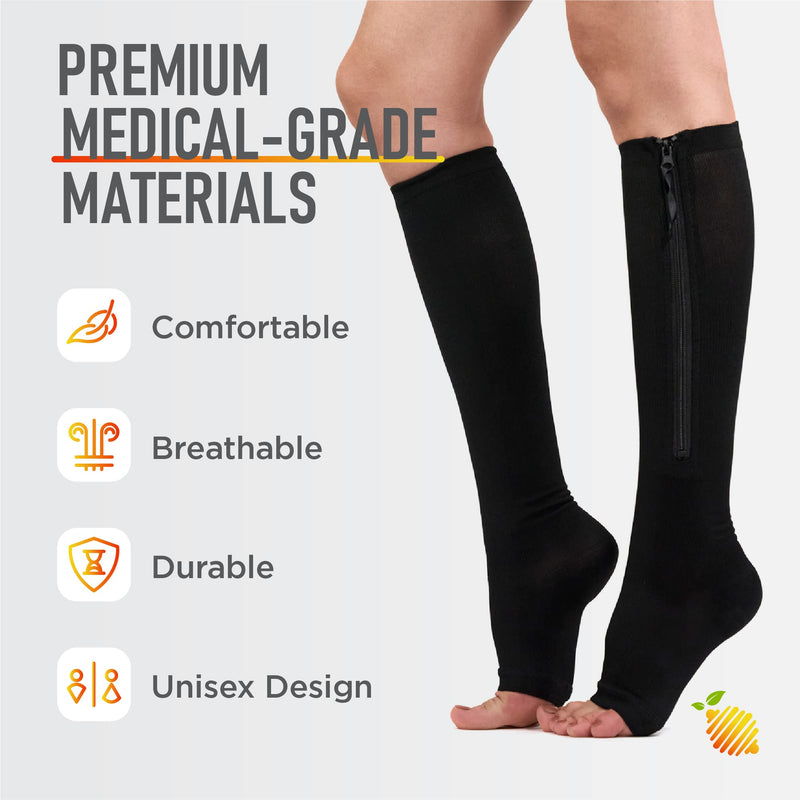 [Australia] - Zipper Compression Socks 20-30mmHg Open Toe with Zip Guard Skin Protection - Medical Zippered Compression Socks for Men & Women - 2XL, Black 