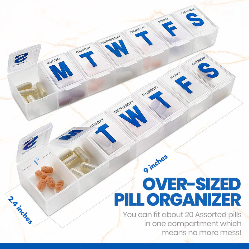 [Australia] - Weekly Pill Organizer - (Pack of 2) Extra Large Vitamin Container with Jumbo Easy to Read Letters, BPA Free - Daily Travel 7 Day Medication Pill Box Case 