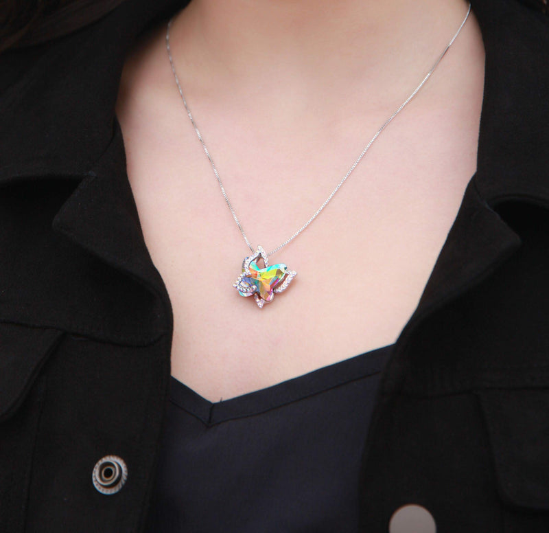 [Australia] - GEMMANCE Butterfly Crystal Necklace with Premium Birthstone, Silver-Tone, 18”+2” Chain April Birthstone - Rainbow Opal White Crystal 