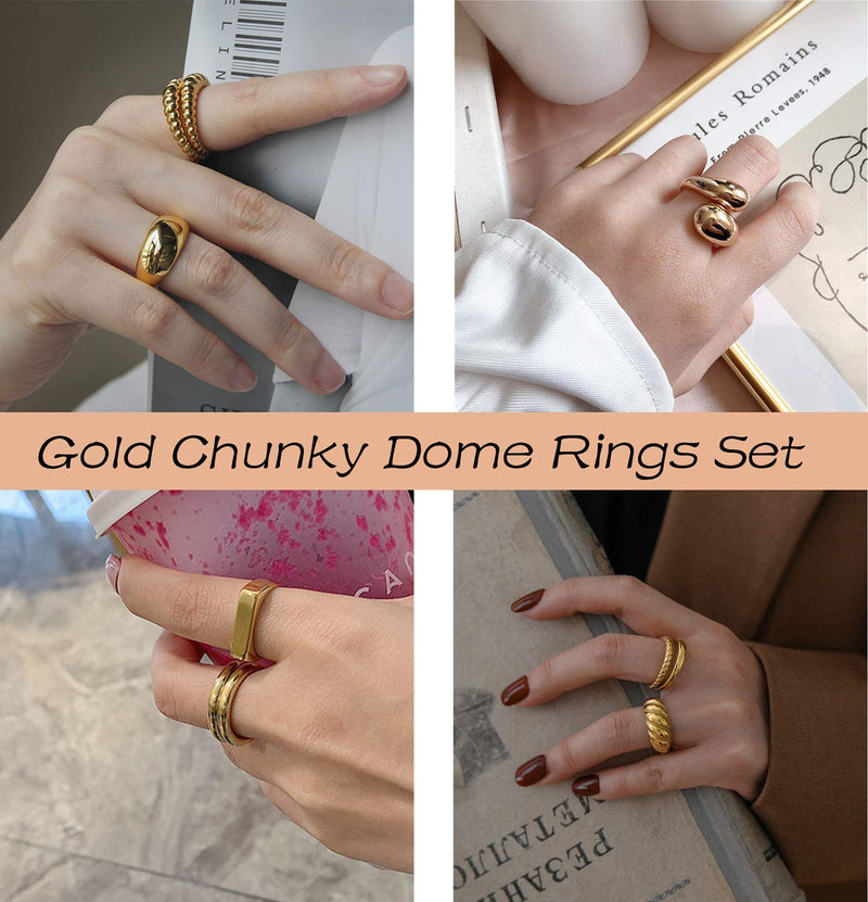 [Australia] - FUNEIA 6Pcs Thick Dome Chunky Rings for Women Men 18K Gold Plated Round Signet Rings Braided Twisted Signet Statement Ring Size 5-9 