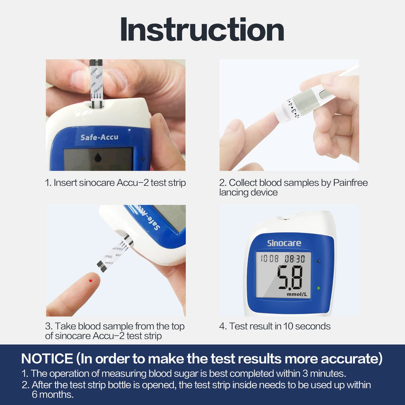 [Australia] - sinocare Blood Sugar Monitor/Blood Glucose Monitoring System Safe Accu2 /Blood Glucose Test Kit with Strips x 100 & Case for UK Diabetics -in mmol/L Accu2 Kit-100 