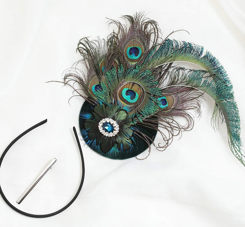 [Australia] - BABEYOND 1920s Flapper Fascinator Feather Pillbox Hat Fascinator for Tea Party Peacock-1 