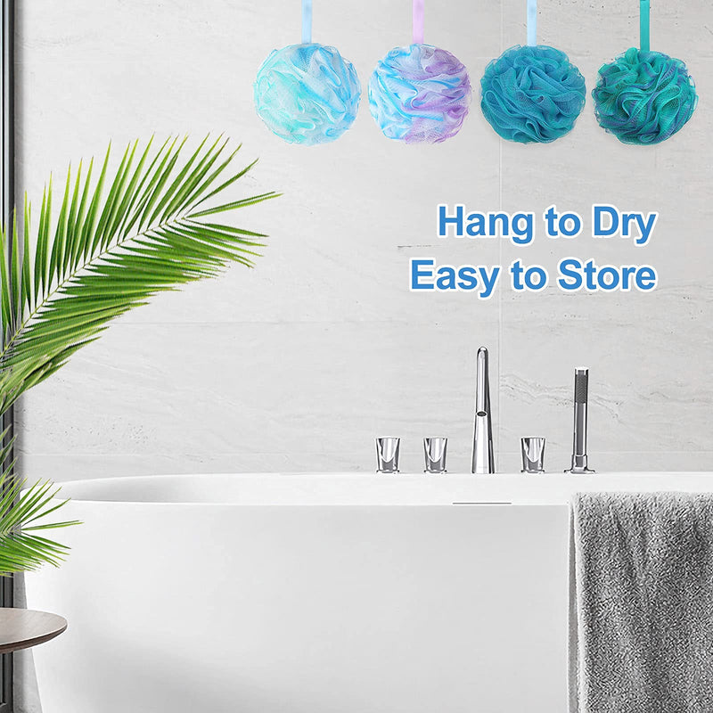 [Australia] - SYHZC Shower Puff Loofah 75g/PCS Extra Large Shower Puffs Shower Sponge Shower Scrunchie Body Puff Shower Exfoliating Bath Sponge for Adults, Set of 4, Flower Color Green-purple--large 