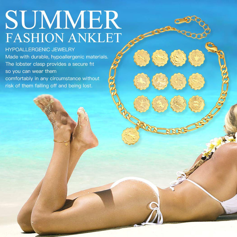 [Australia] - 4.5mm Constellation Zodiac Chain Anklet 22cm-Length Adjustable, 18K Gold Plated Beach Jewelry Horoscope Star Sign Figaro Ankel Bracelet Foot Chain for Women Teen Girls 12. Capricorn (12.22-1.19) 