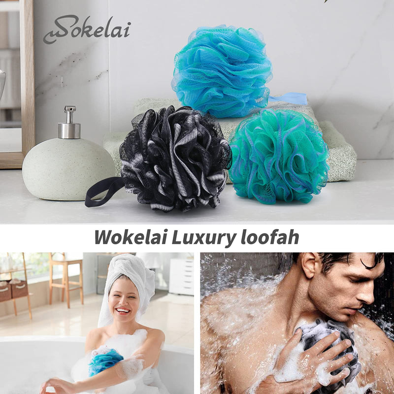 [Australia] - Shower Loofah Sponge Bath puff Large 75g XL for Women Men Kids Soft Mesh Pouf Body Scrubber Gentle Exfoliating shower Ball Buff Luffa with Bamboo Charcoal for Silky and Smooth Skin Cleansing 3pack black 