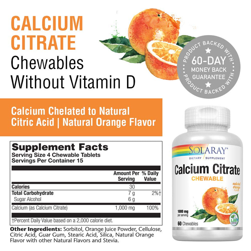 [Australia] - Solaray Calcium Citrate 1000mg | Natural Orange Flavor | Teeth & Bone Health, Nervous, Muscular & Cardiovascular System Support | Vegan | 60 Chewables 