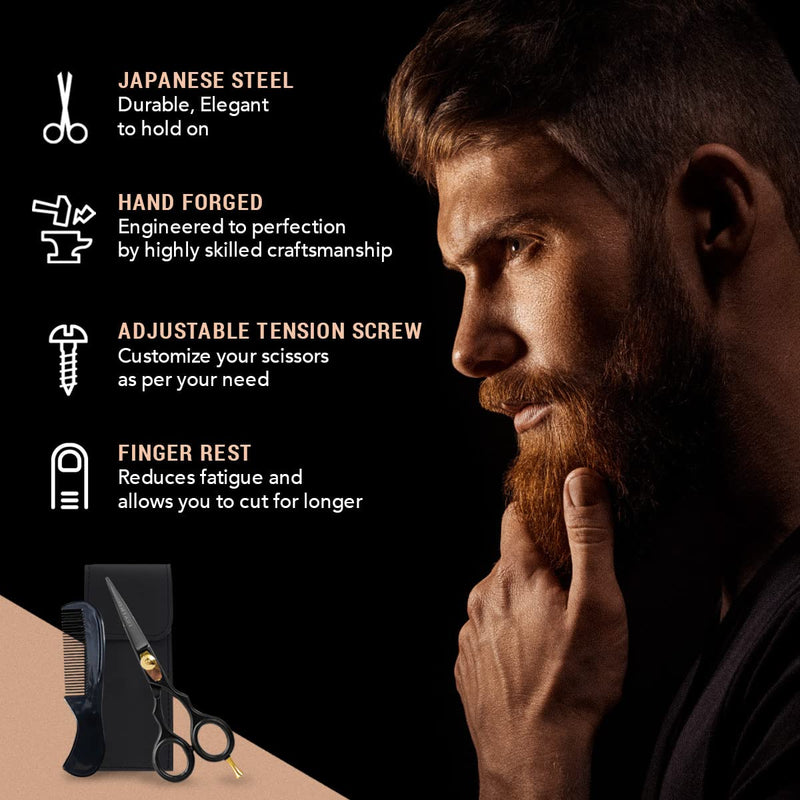 [Australia] - ONTAKI Beard Moustache Scissors 5.5" Professional Japanese Steel Comb, Carrying Pouch Beard Mustache Trimming Hand Forged Bevel Edge Precision Men Facial Hair Grooming Kit Body Facial Hair Black Gold 5.5" Black 