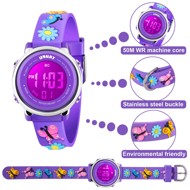 [Australia] - Kids Watch 3D Cartoon Toddler Wrist Digital Watch Waterproof 7 Color Lights with Alarm Stopwatch for 3-10 Year Boys Girls Little Child A Butterfly Pueple 
